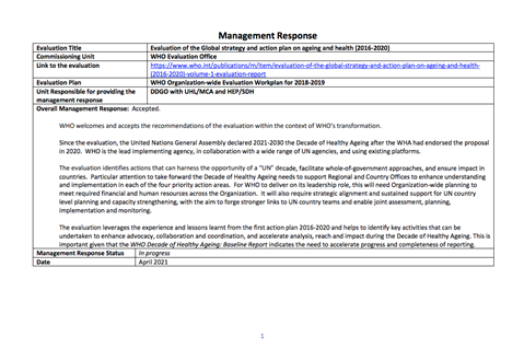 Evaluation of the Global strategy and action plan on ageing and health (2016 – 2020) - Management Response - April 2021