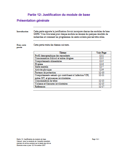 GSHS justification du module de base (2003–2008)