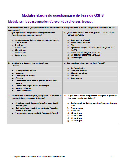 Modules élargis du questionnaire de base du GSHS (2003-2008)