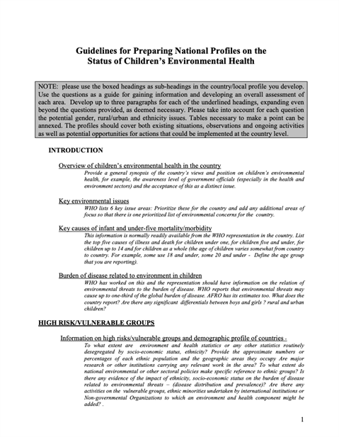Guidelines for Preparing National Profiles on the Status of Children’s Environmental Health