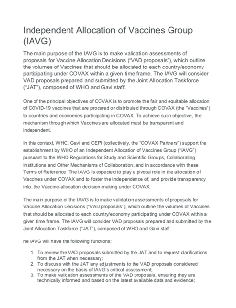 Independent Allocation of Vaccines Group (IAVG) - General information - Phase 1