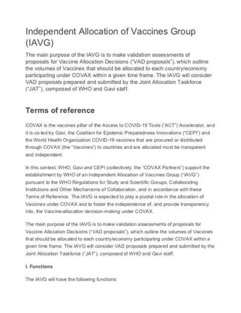 Independent Allocation of Vaccines Group (IAVG) - Terms of Reference - Phase 1
