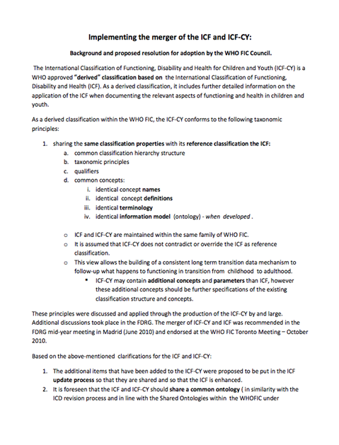 Implementing the merger of the ICF and ICF-CY - Background and proposed resolution for adoption by the WHO FIC Council