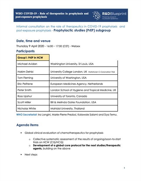 Informal consultation on the role of therapeutics in COVID-19 prophylaxis and post-exposure prophylaxis - 9 April 2020