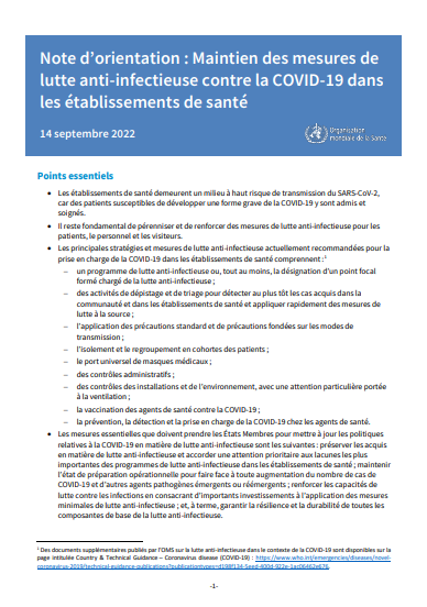 Note d’orientation : Maintien des mesures de lutte anti-infectieuse contre la COVID-19 dans les établissements de santé, 14 septembre 2022