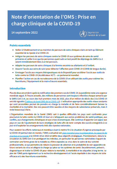 Note d’orientation de l’OMS : Prise en charge clinique de la COVID-19, 14 septembre 2022