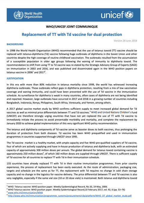 WHO/UNICEF Joint Communique - Replacement of TT with Td vaccine for dual protection