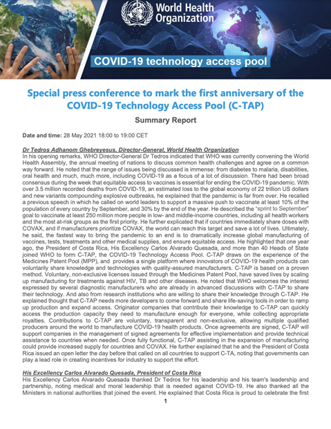 Summary Report: Special press conference to mark the first anniversary of the COVID-19 Technology Access Pool