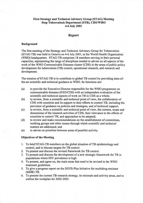 Report of the 1st Meeting of the Strategic and Technical Advisory Group for TB