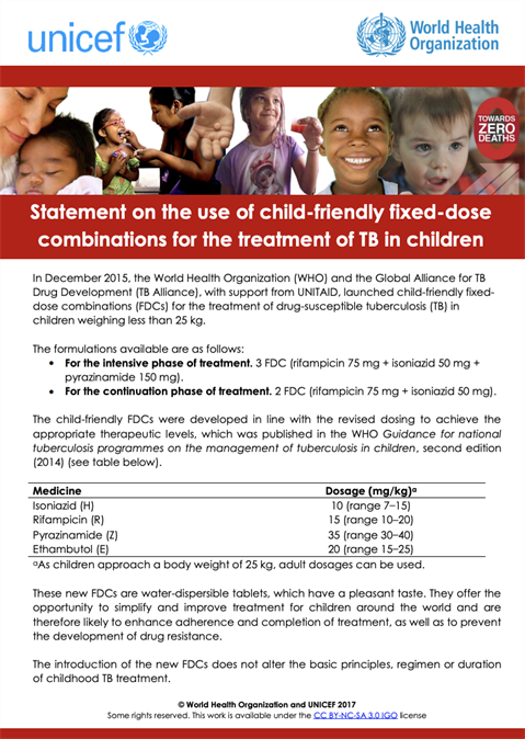 Statement on the use of child-friendly fixed-dose combinations for the treatment of TB in children
