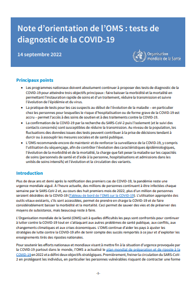 Note d’orientation de l’OMS : Tests de diagnostic de la COVID-19, 14 septembre 2022