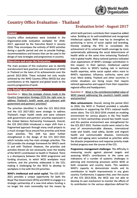 Thailand Country Office - Evaluation Brief - August 2017