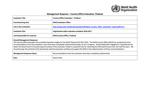 Thailand Country Office Evaluation - Management Response - March 2019