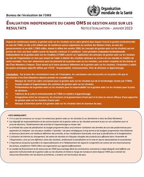 ÉVALUATION INDEPENDANTE DU CADRE OMS DE GESTION AXEE SUR LES RESULTATS : NOTE D’EVALUATION – JANVIER 2023