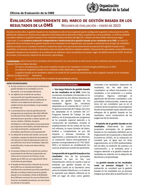EVALUACIÓN INDEPENDIENTE DEL MARCO DE GESTIÓN BASADA EN LOS RESULTADOS DE LA OMS