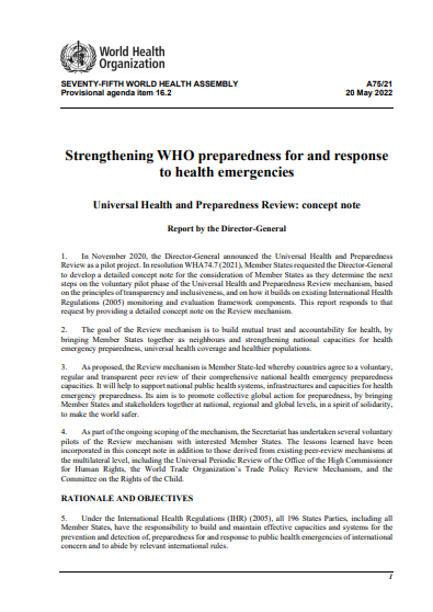 Universal health and preparedness review: Concept note