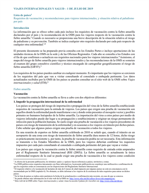 Lista de países - Requisitos de vacunación y recomendaciones para viajeros internacionales, y situación relativa al paludismopor país