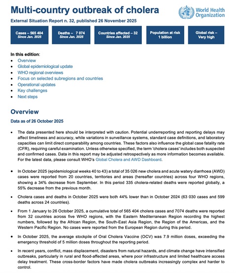 Multi-country outbreak of cholera, external situation report #32 -26 November 2025