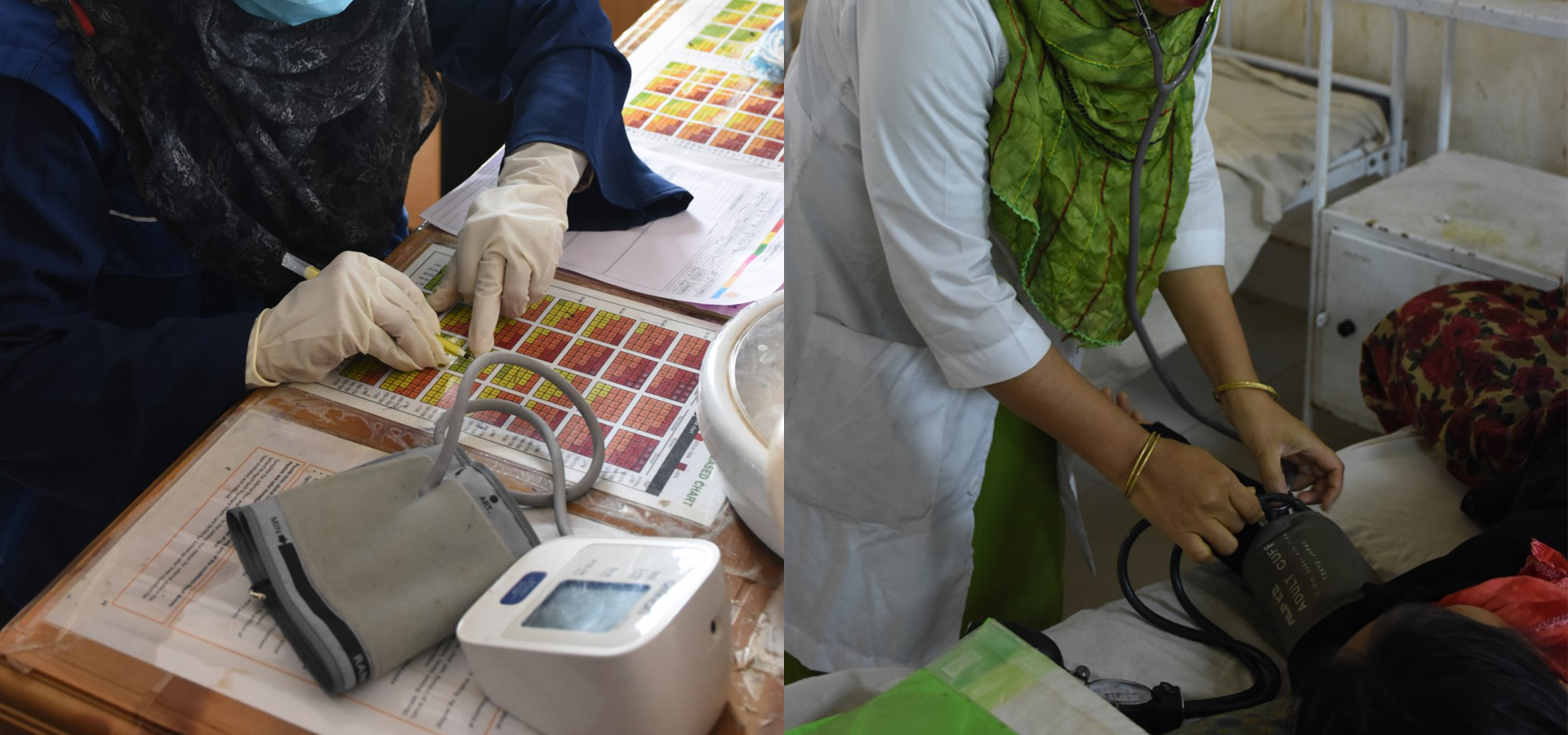 Two healthcare workers with blood pressure monitor