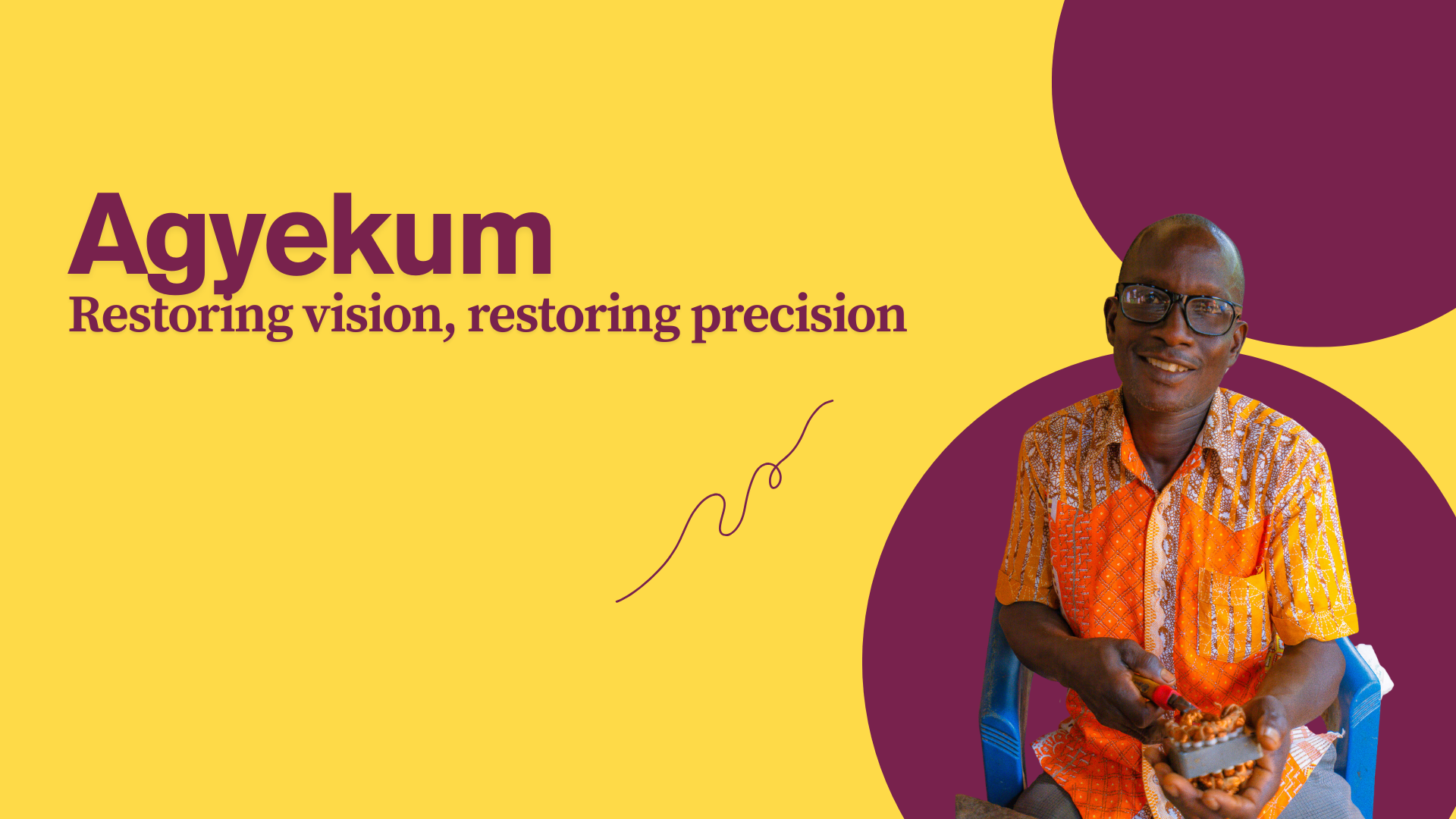 A man wearing eyeglasses is fixing an electric tool sitting on ca blue plastic chair