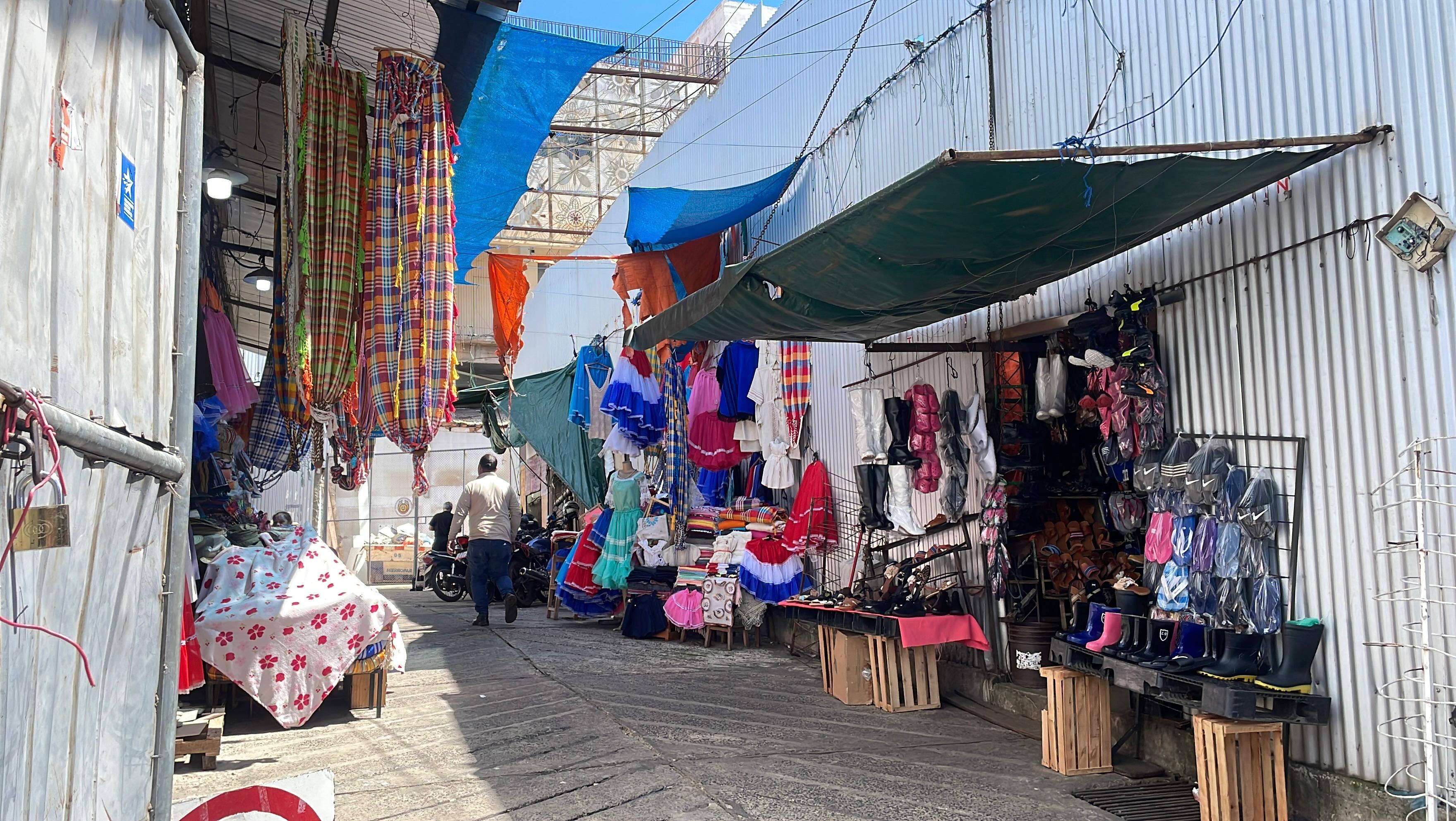 A market with clothes stalls