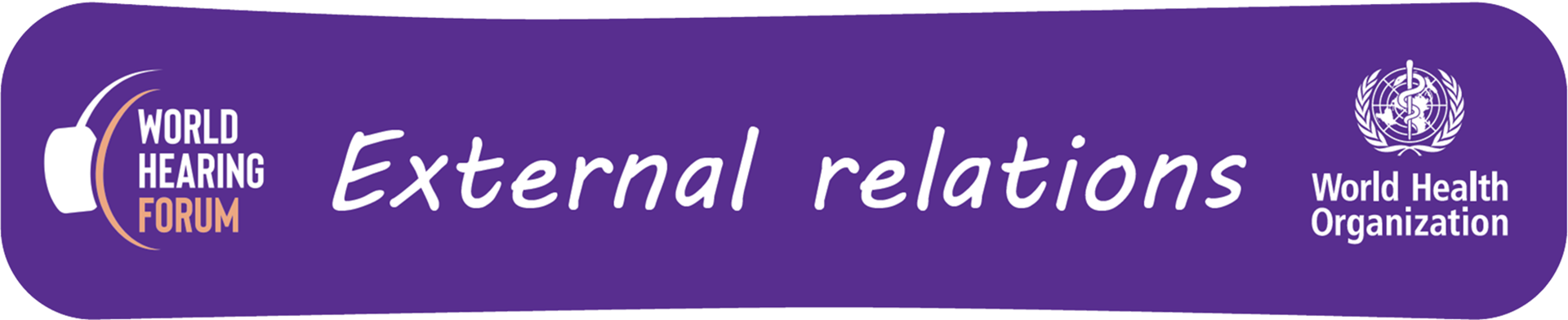External relations banner White text External relations on purple background with WHF and WHO logos.