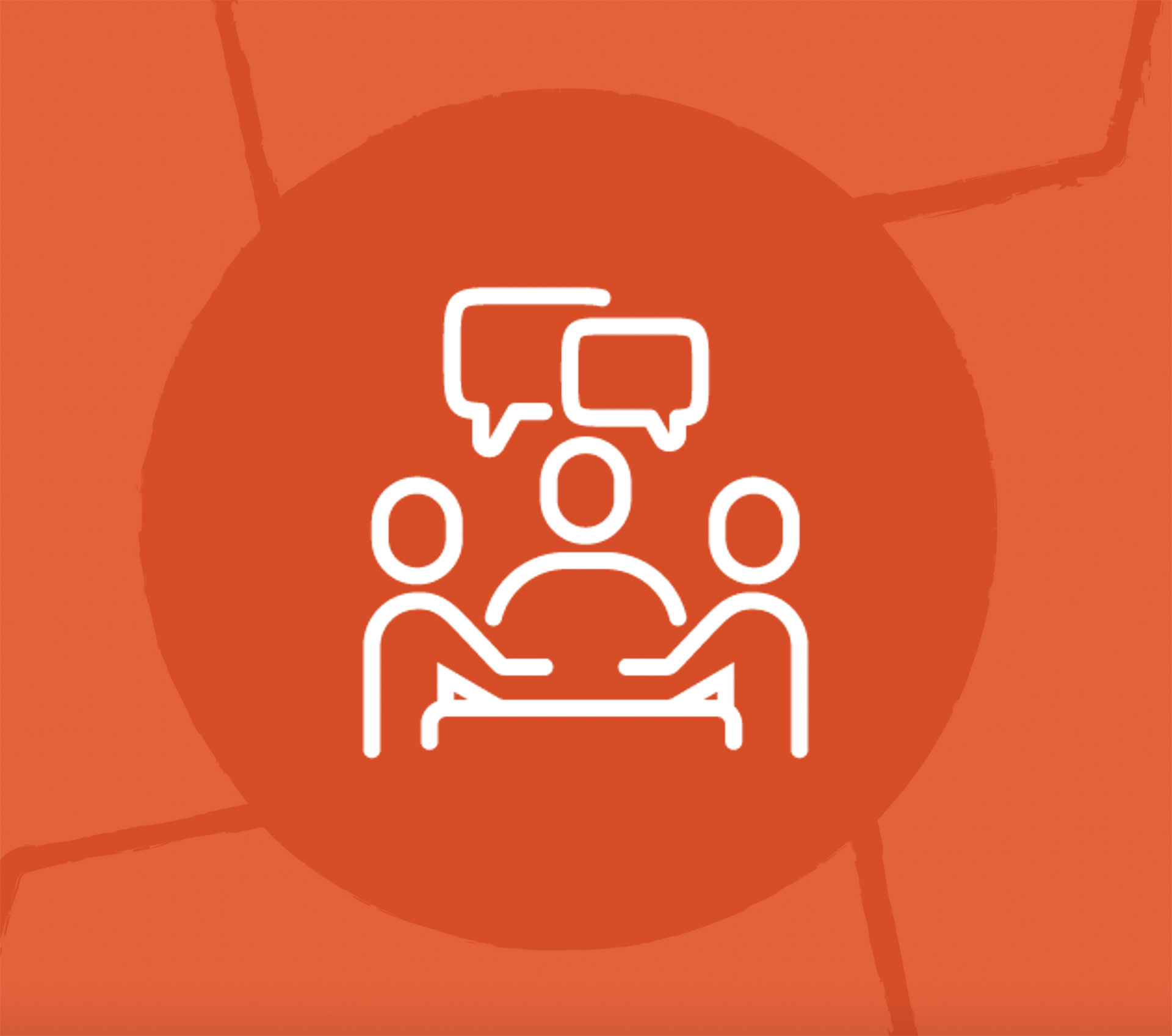 Square icon orange background with white meeting graphic without text
