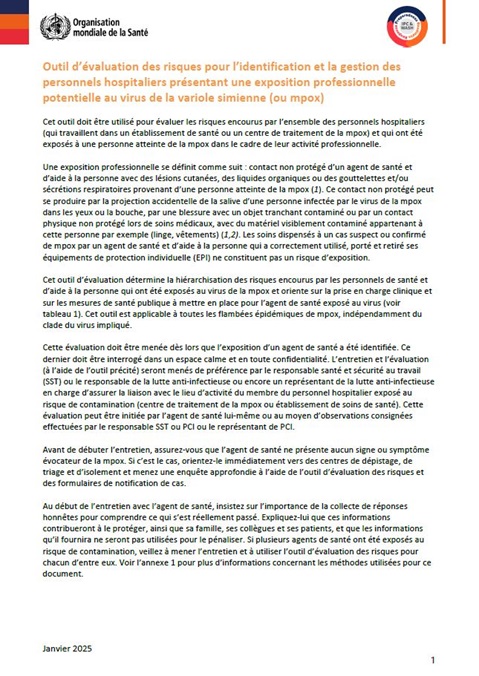 Outil d’évaluation des risques pour l’identification et la gestion des personnels hospitaliers présentant une exposition professionnelle potentielle au virus de la variole simienne (ou mpox)