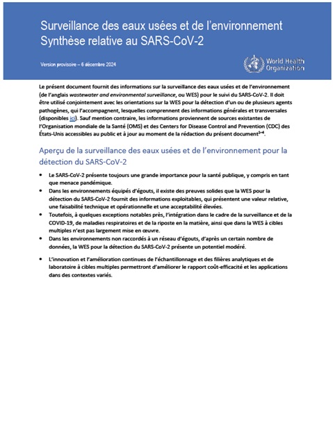 Surveillance des eaux usées et de l’environnement: Synthèse relative au SARS-CoV-2