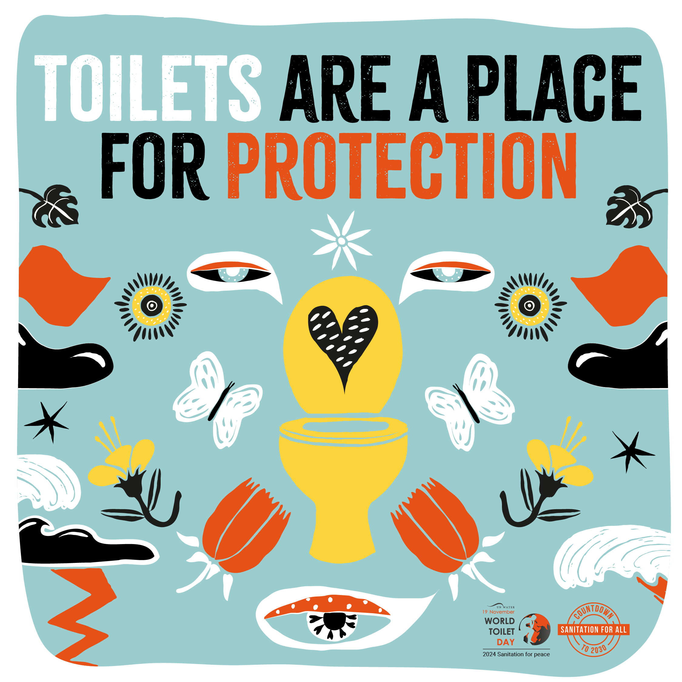 design of a toilet seat, flowers, butterlies with the slogan "toilets are a place for protection", prepared for the 2024 World Toilet Day