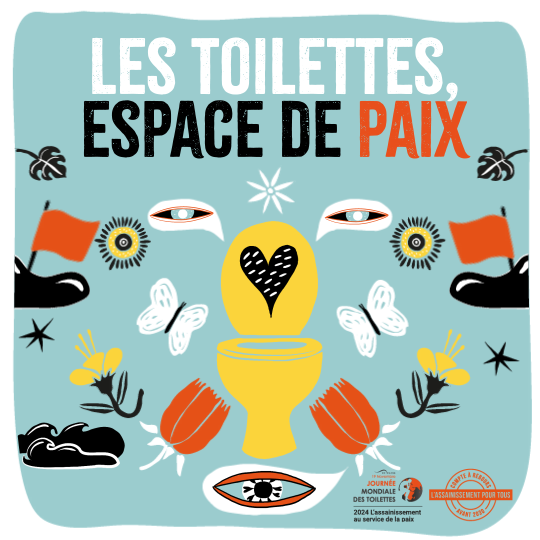 Dessin représentant un siège de toilette, avec le slogan "Les toilettes, un espace de paix", préparé pour la Journée mondiale des toilettes
