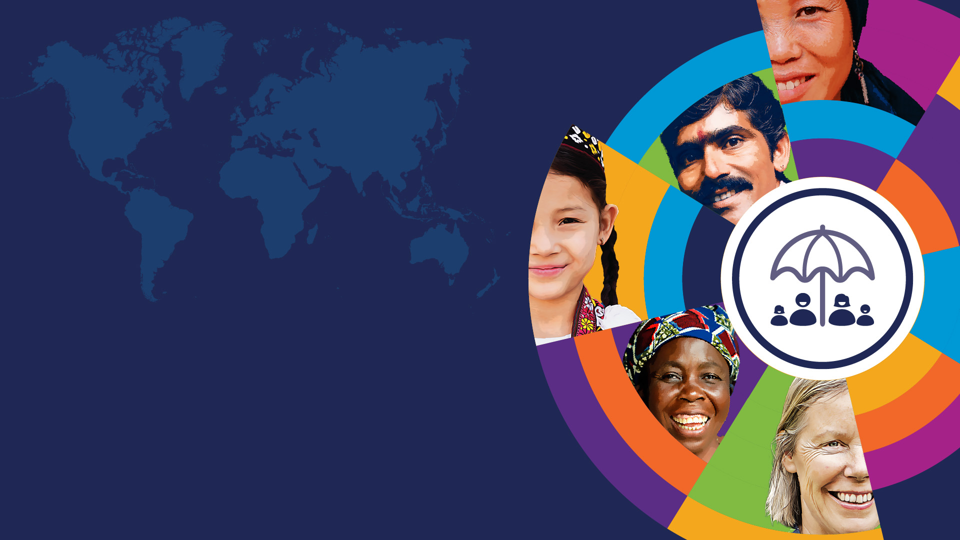 Four people's faces cut out in a coloured circle and four people icons under an umbrella on a navy background