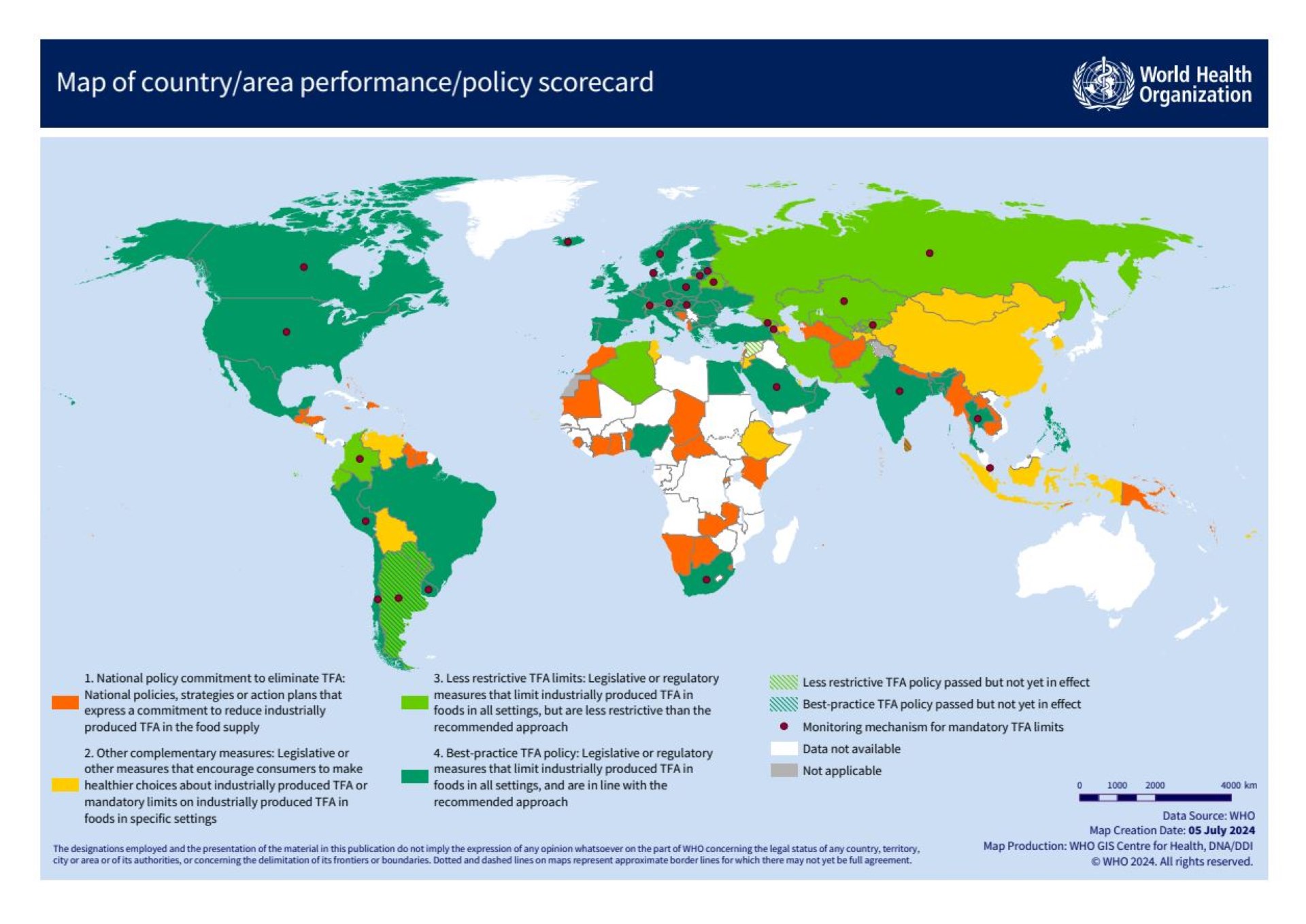 Map of country/area performance/policy scorecard for trans fat