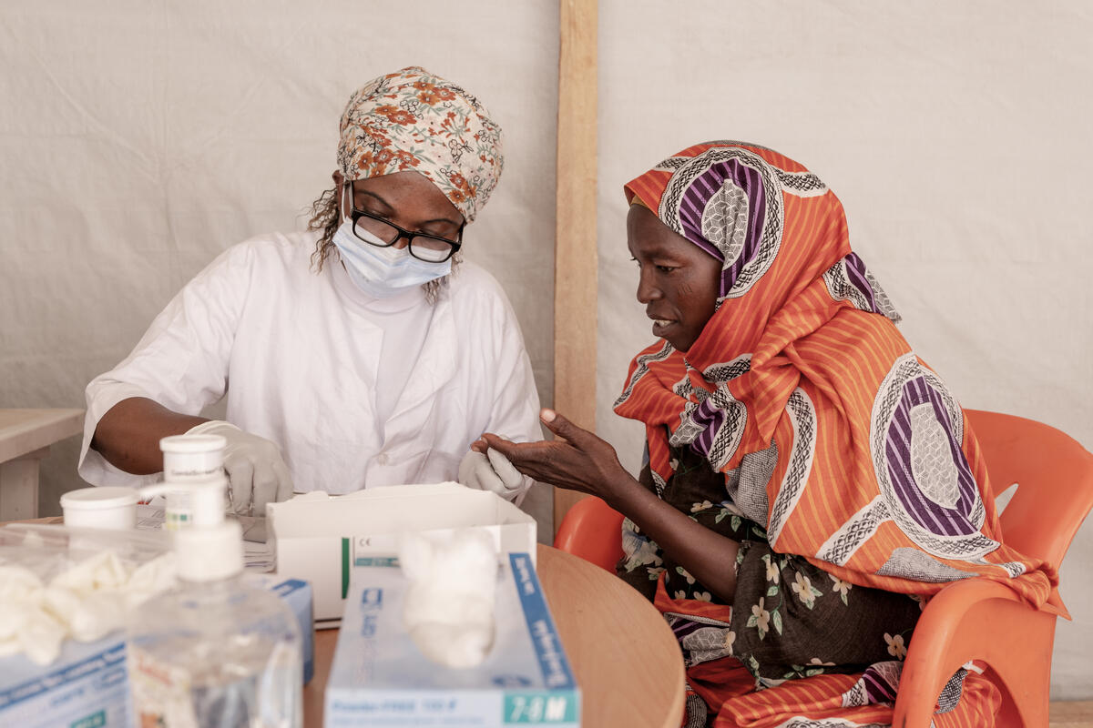 A refugee from Sudan receives medical care for her pregnancy at the Médecins Sans Frontières Switzerland hospital upon her arrival in Adré, Chad, 2024