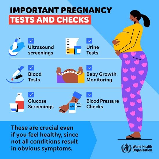Important pregnancy tests and checks: ultrasound screenings, urine tests, blood tests, baby growth monitoring, glucose screenings, blood pressure checks. These are crucial even if you feel healthy, since not all conditions result in obvious symptoms.