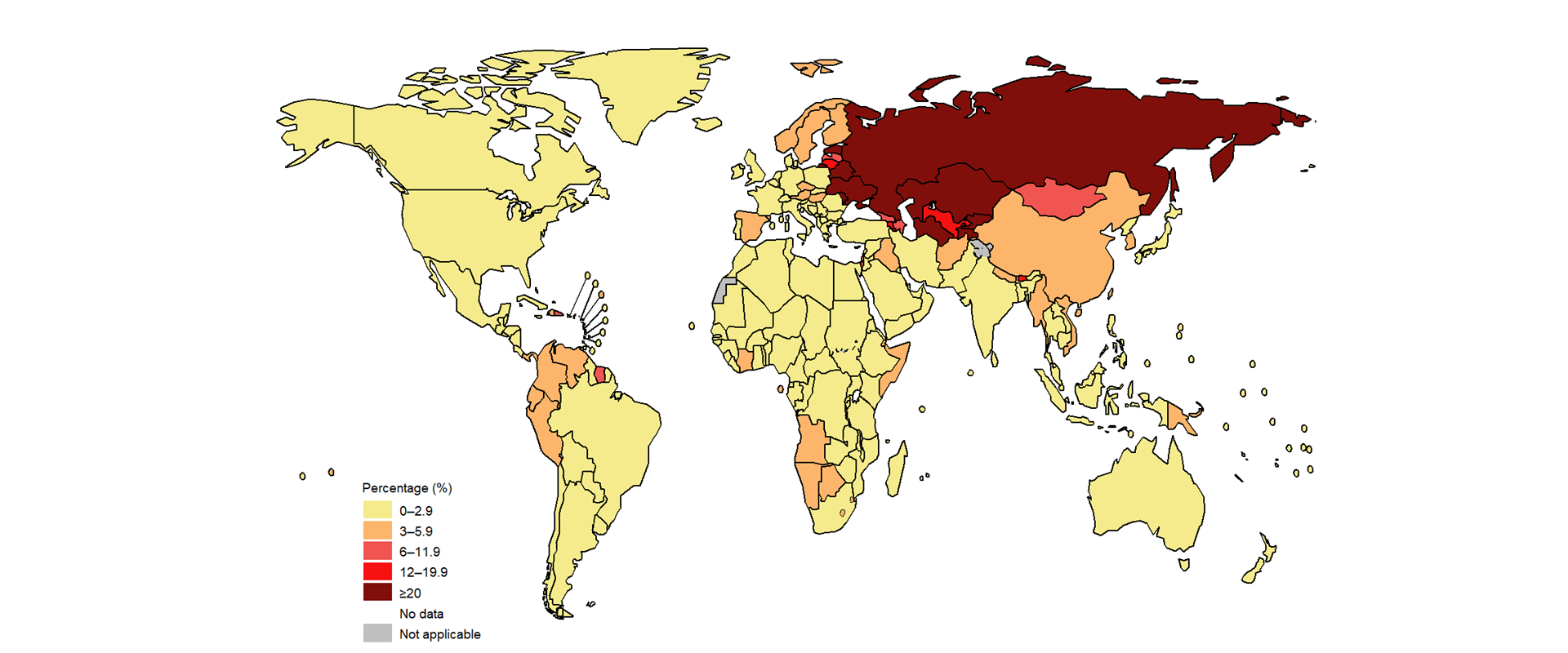 GTBR2023_fig_1-3-06-1 Map showing percentage of new TB cases with MDR/RR/TB in 2022