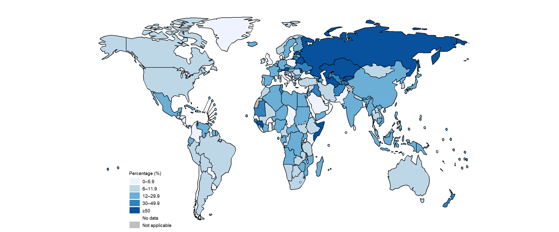 GTBR2023_fig_1-3-07-1 Map showing percentage of previously treated TB cases with MDR/RR-TB in 2022