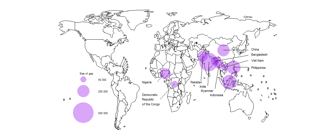 Bubble map of difference between notifications and estimated incidence for 10 countries Bubble map of difference between notifications and estimated incidence for 10 countries