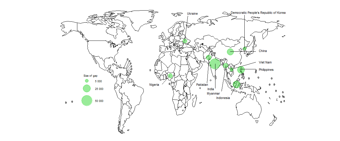 The ten countries with the largest gaps between the number of people started on treatment for MDR/RR-TB and the best estimates of MDR/RR-TB incidence The ten countries with the largest gaps between the number of people started on treatment for MDR/RR-TB and the best estimates of MDR/RR-TB incidence