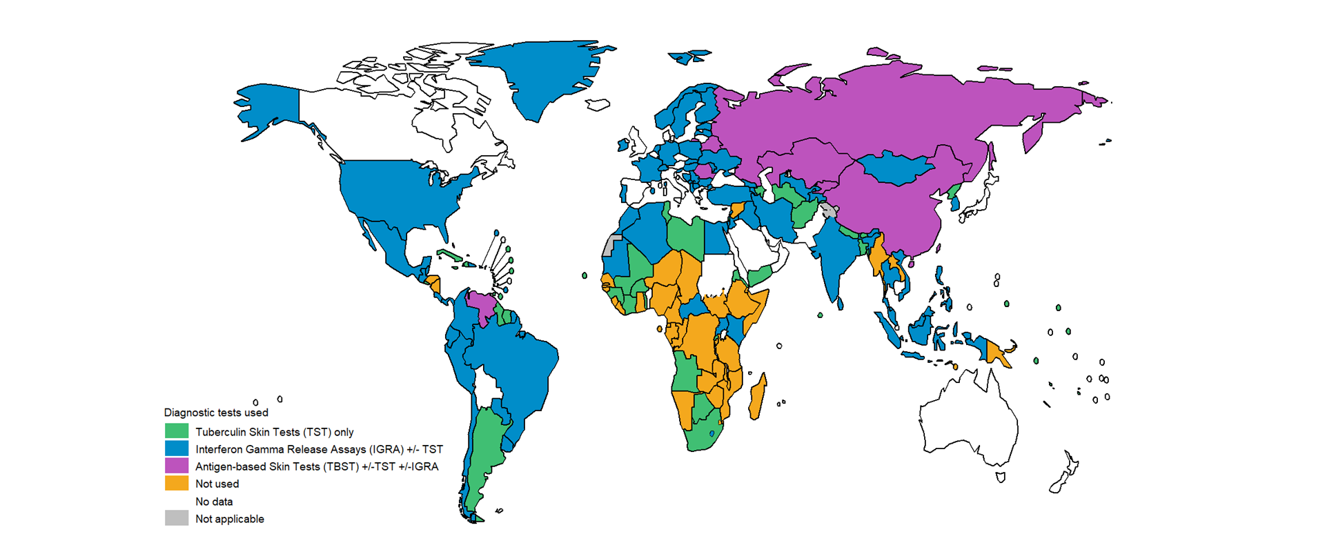 Map showing diagnostic tests in use for TB infection Map showing diagnostic tests in use for TB infection