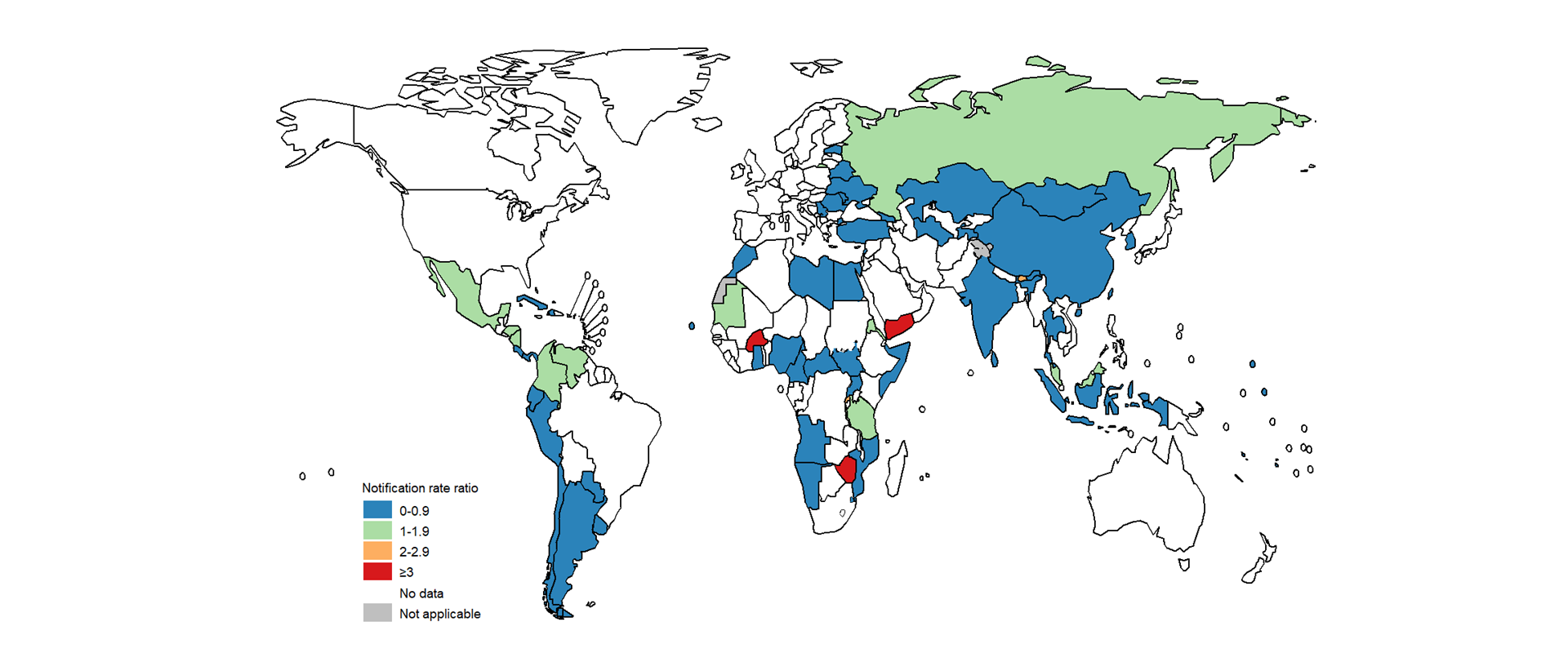 Map showing ratio of TB notification rates among health care workers to those among the adult population Map showing ratio of TB notification rates among health care workers to those among the adult population