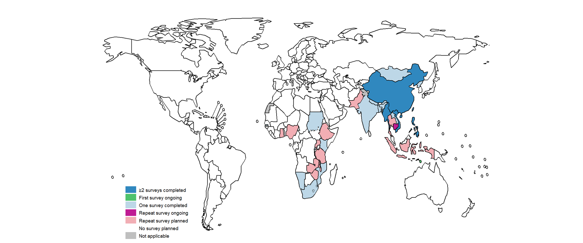 Countries in which national population-based surveys of the prevalence of TB disease have been implemented using WHO recommended screening and diagnostic methods since 2000 or are planned