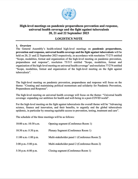 Logistics Note: High-level meetings on pandemic preparedness prevention and response, universal health coverage and the fight against tuberculosis20, 21 and 22 September 2023