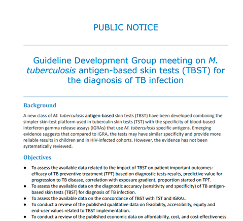 Guideline Development Group meeting on M. tuberculosis antigen-based skin tests (TBST) for the diagnosis of TB infection
