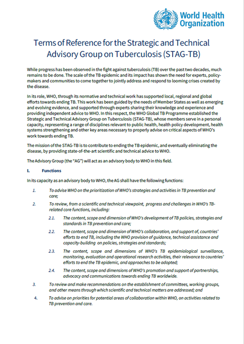 Terms of Reference for the Strategic and Technical Advisory Group for Tuberculosis (STAG-TB)