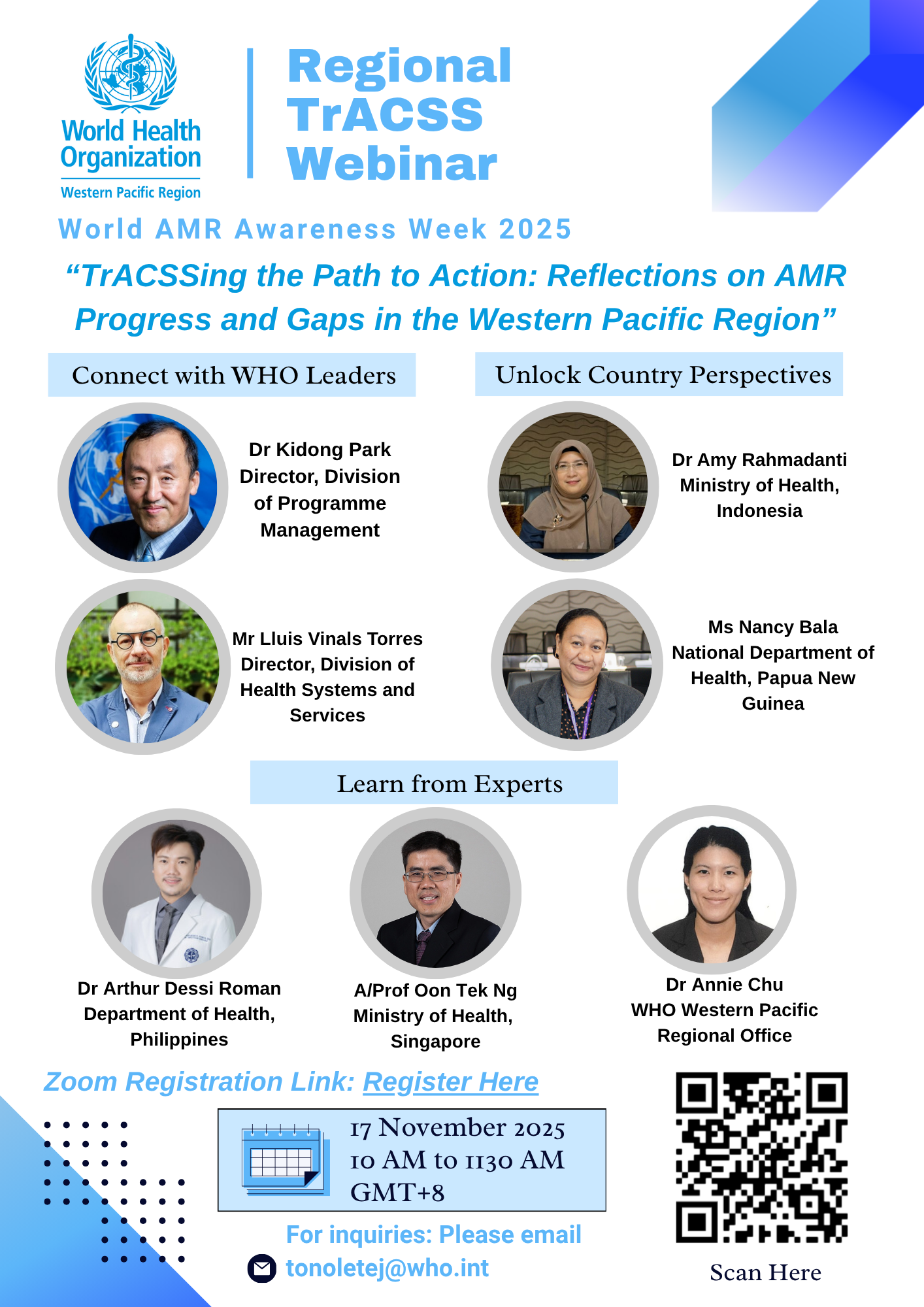 Flyer on a webinar for World AMR Awareness Week showcasing speakers and registration details