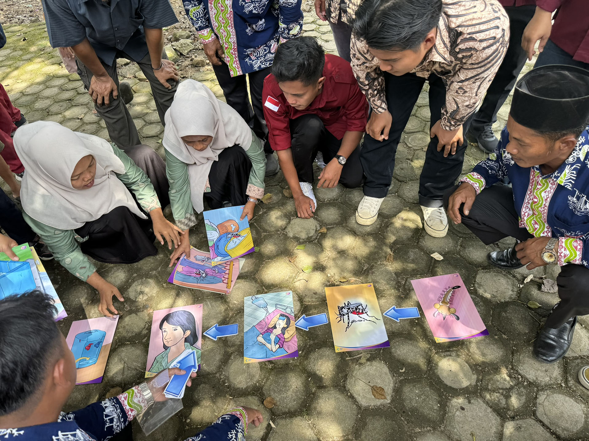 Group of people outdoors arranging colorful illustrated cards in a sequence on the ground.