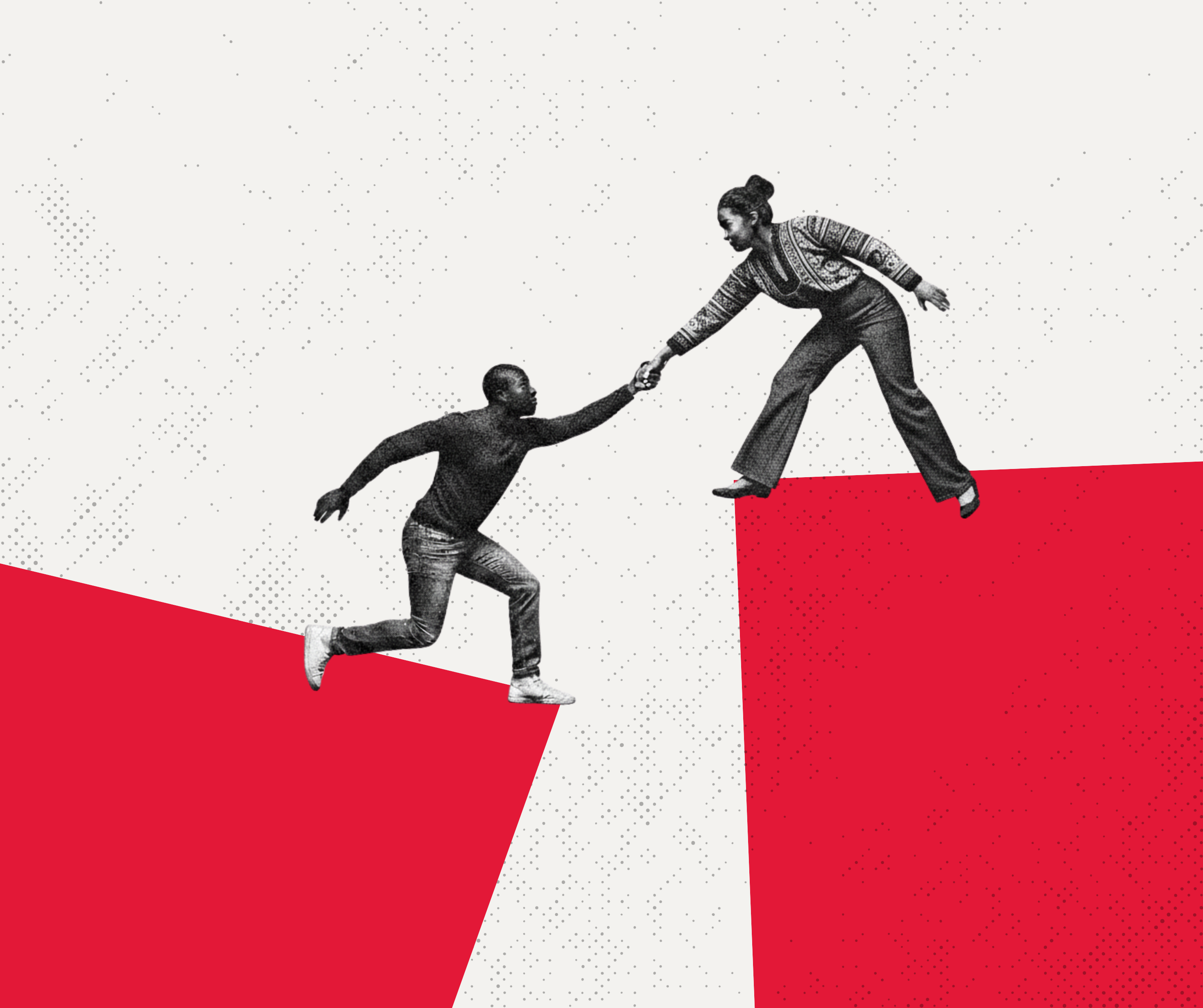 Illustration of two people holding hands across red shapes, symbolizing support.