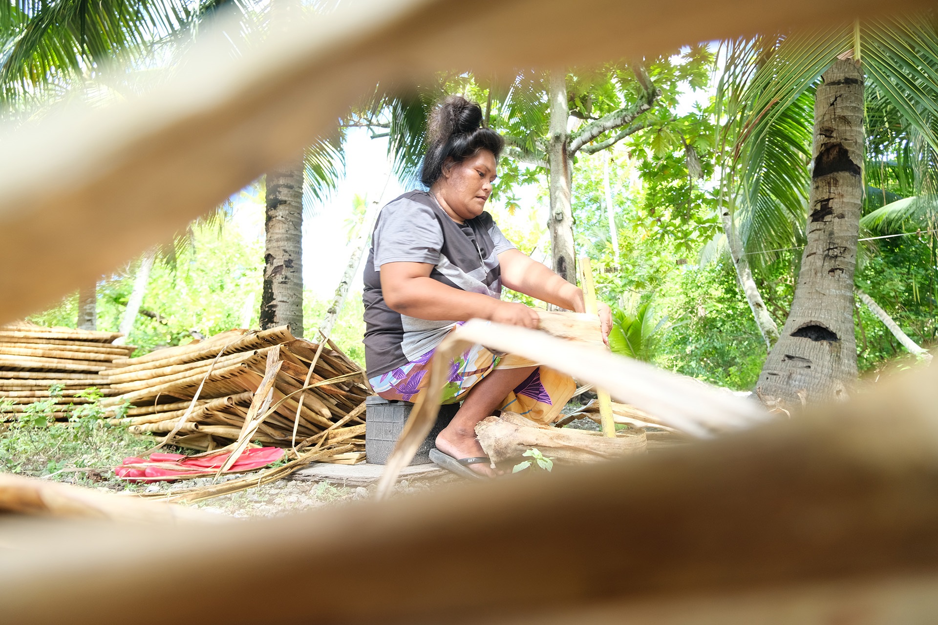 Coconut halves drying on a corrugated roof near thatched huts, palm trees, and hanging laundry in a tropical village.