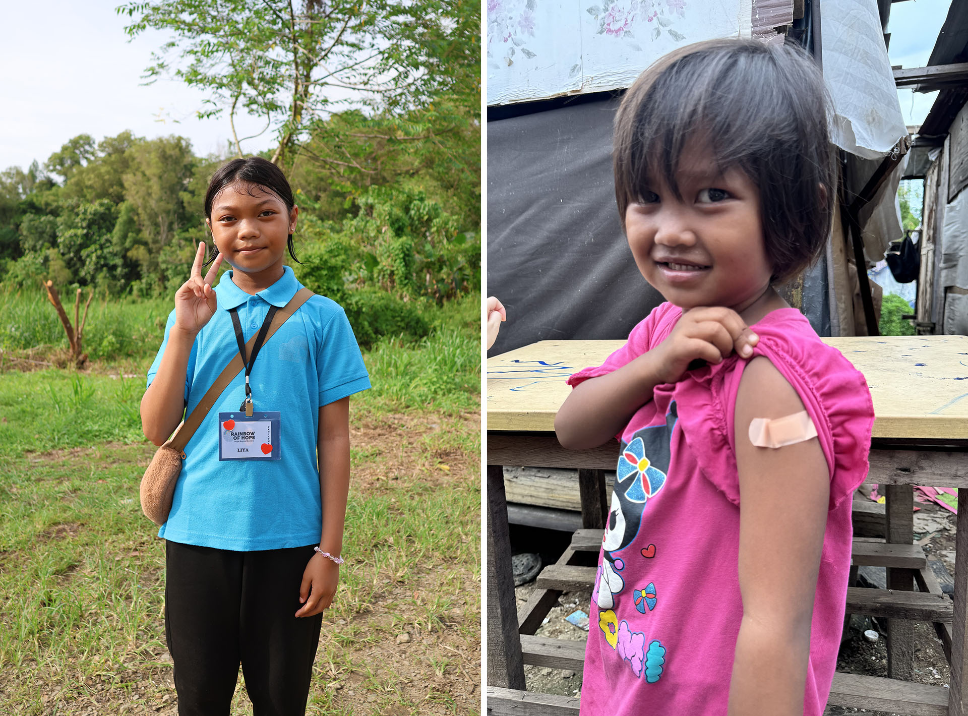 Child wearing a blue shirt shows a peace sign, and another child in pink displays a bandage on the upper arm after vaccination.